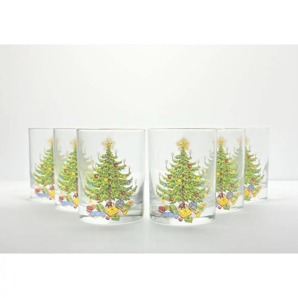 1980s Vintage Christmas Tree 6 Old Fashioned Tumbler Drinking Glasses 4.25” 14oz
